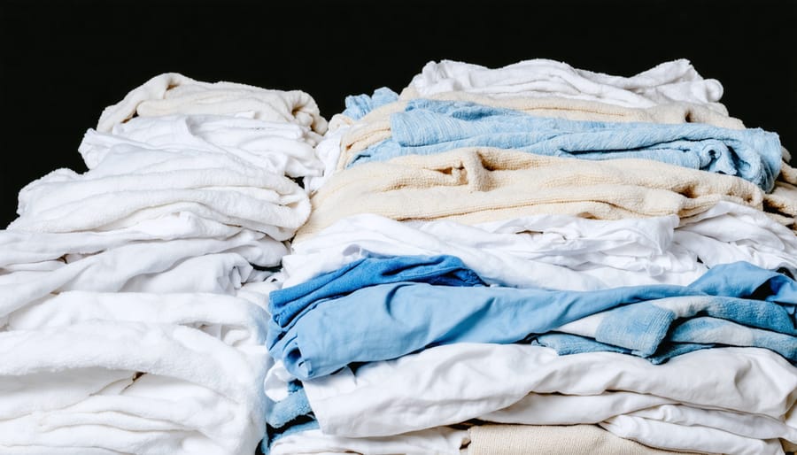 Three distinct piles of laundry sorted by color: whites, lights, and darks