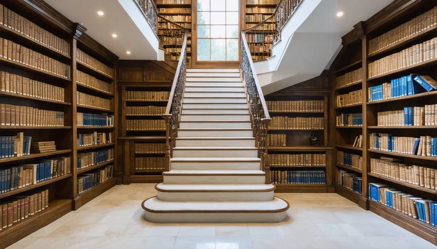 Wooden staircase with built-in bookshelves utilizing the space beneath each step