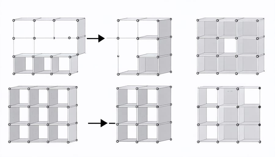 Four-stage assembly process of wooden storage cube with connecting hardware