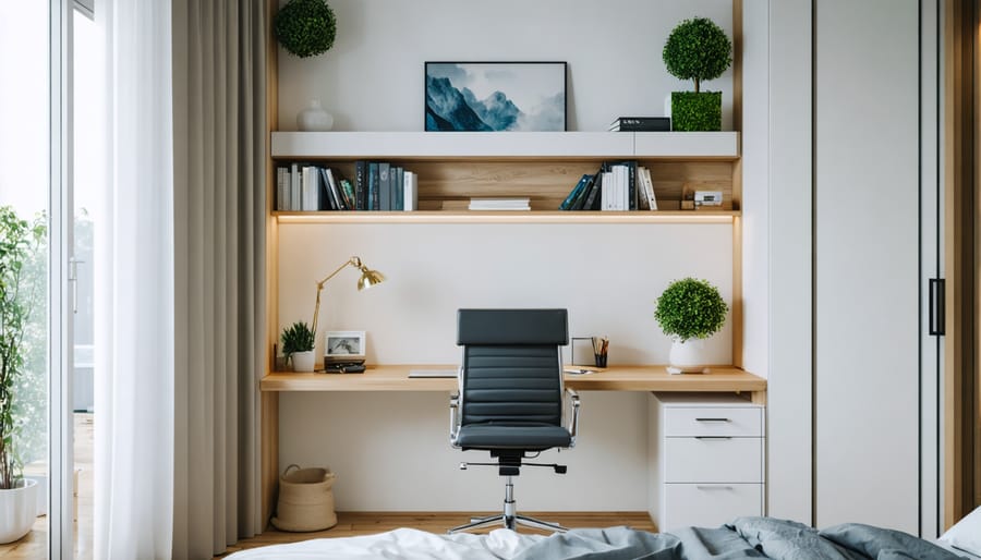 Bright bedroom with a corner home office setup, featuring a minimalist desk near a window, floating shelves for storage, and a comfortable chair for an organized workspace.