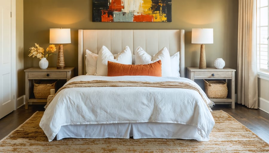 A beautifully designed guest room showcasing elegant white bedding, colorful accents, unique bedside tables, and a plush rug, all achieved with budget-friendly decor solutions.