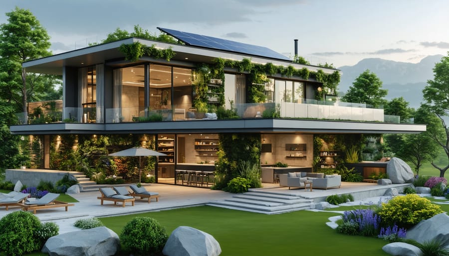 Modern sustainable home featuring solar panels, a living wall, and reclaimed materials, surrounded by a green natural landscape.