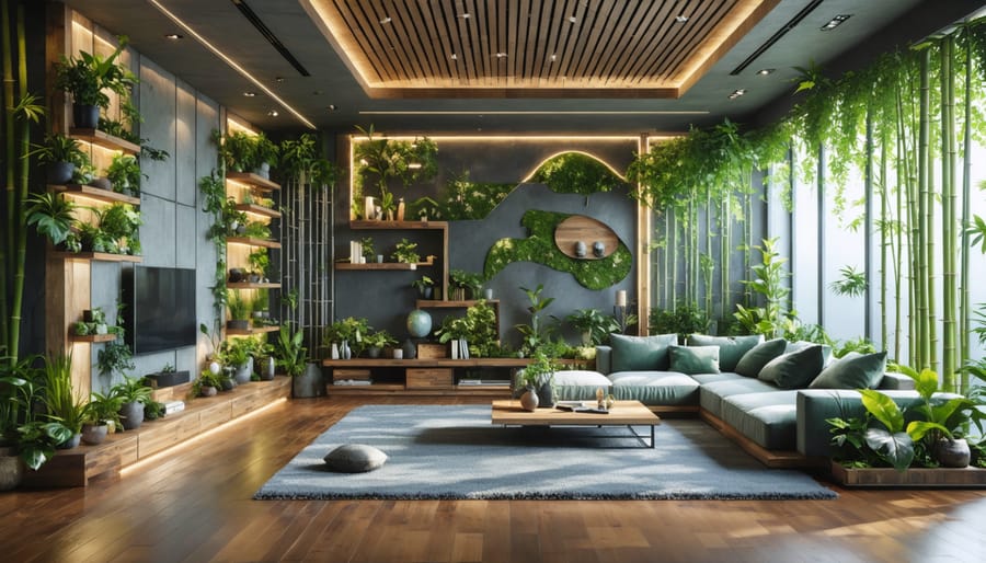 A modern living room featuring eco-friendly materials such as reclaimed wood flooring, bamboo wall panels, and stylish recycled glass and metal decor, illustrating sustainability and elegance.