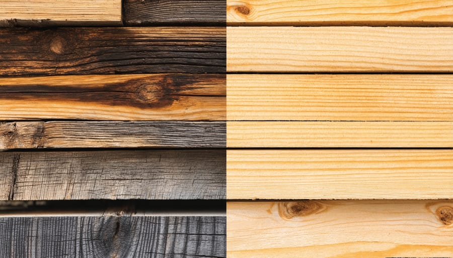 Comparison showing textured reclaimed wood boards next to fresh FSC-certified lumber