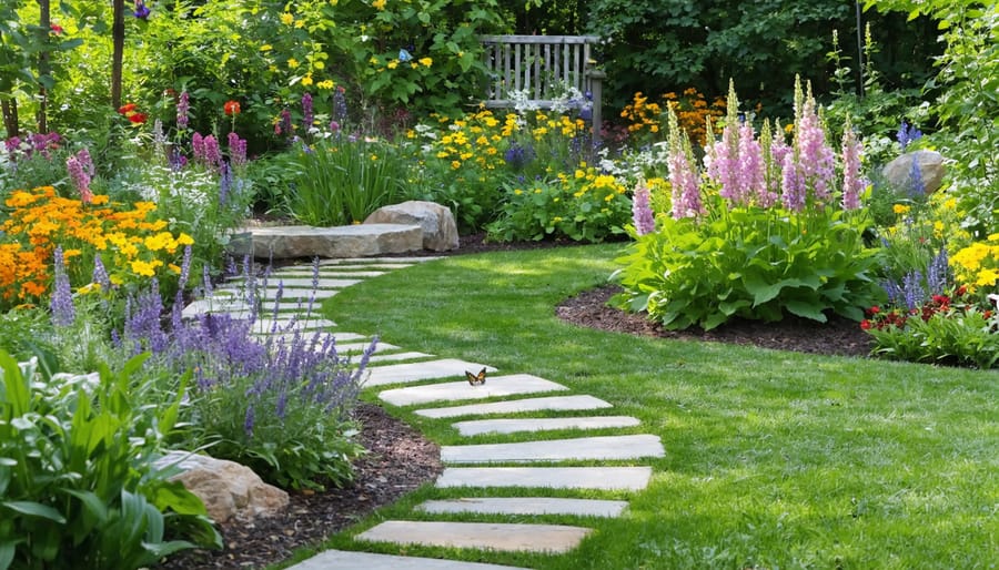 A vibrant front yard filled with native wildflowers, pollinators, and a rain garden featuring diverse, sustainable landscaping elements.