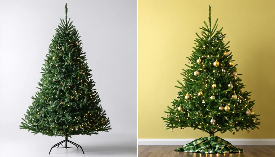 Side-by-side comparison of real and artificial Christmas trees showing proper setup and safety features