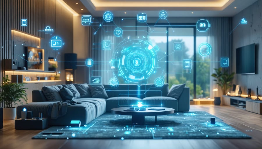 A conceptual illustration of a modern living room with interconnected smart home devices like lights, thermostat, speakers, and security systems controlled by a central digital hub interface.