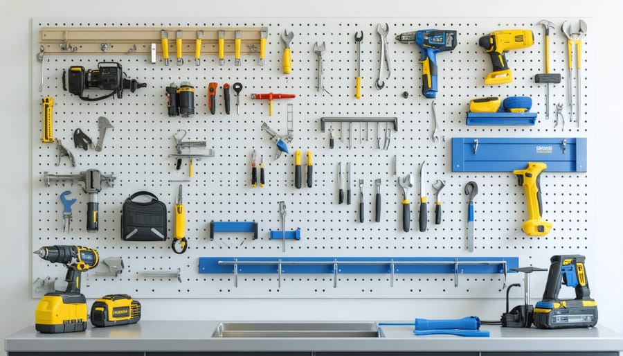 Vertical storage solution featuring organized creative tools on a modern pegboard system