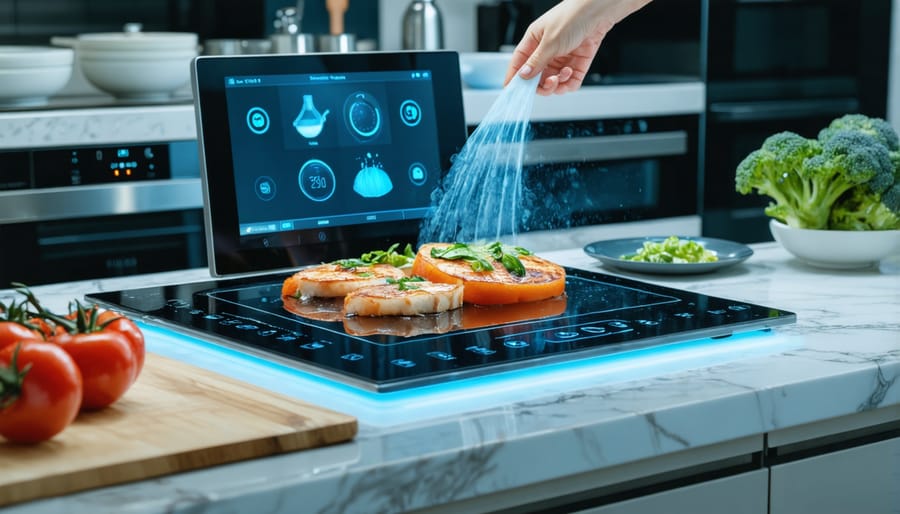 Chef using voice commands to control smart kitchen displays and appliances