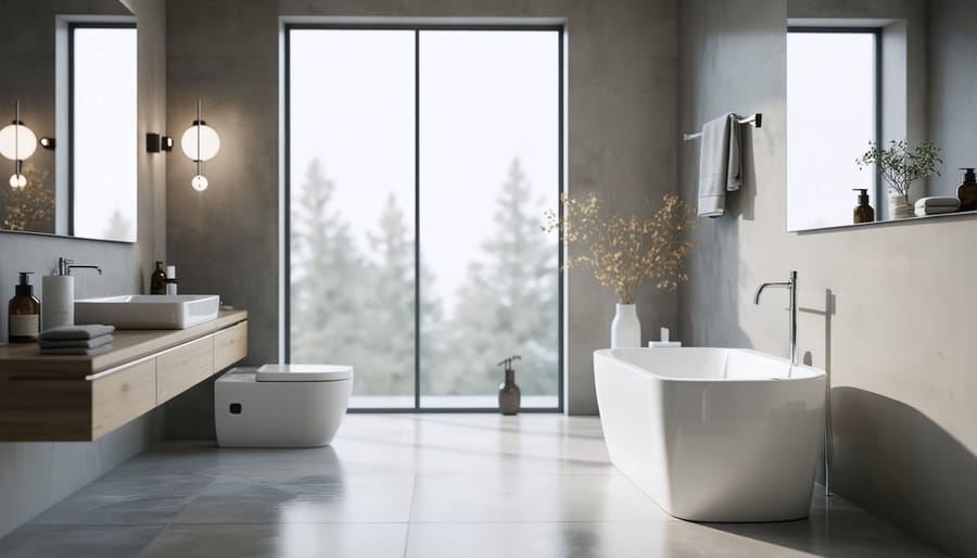 Contemporary bathroom showcase of water-saving fixtures and faucets