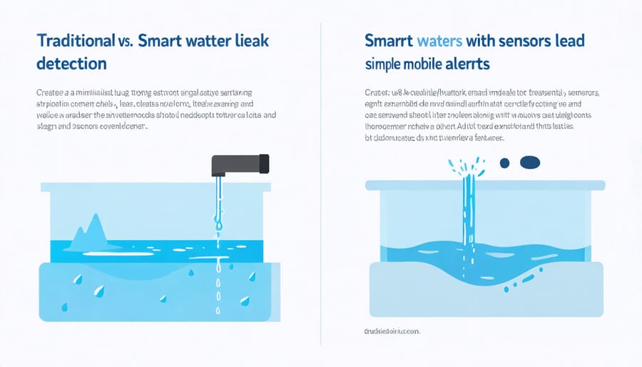 Comparison between traditional water damage and smart leak detection system with mobile notifications