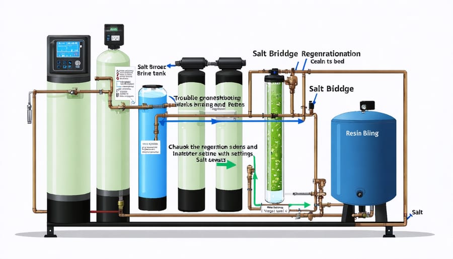 Illustration of a labeled water softener system showing troubleshooting points, including control panel, brine tank, and resin bed.