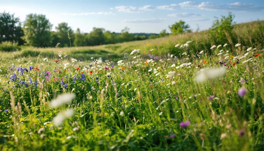 Natural meadow garden featuring diverse native wildflowers and grasses