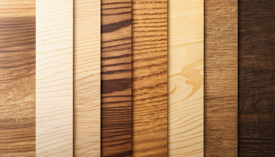 Display of different wood stains, paints, and finishing techniques on sample boards