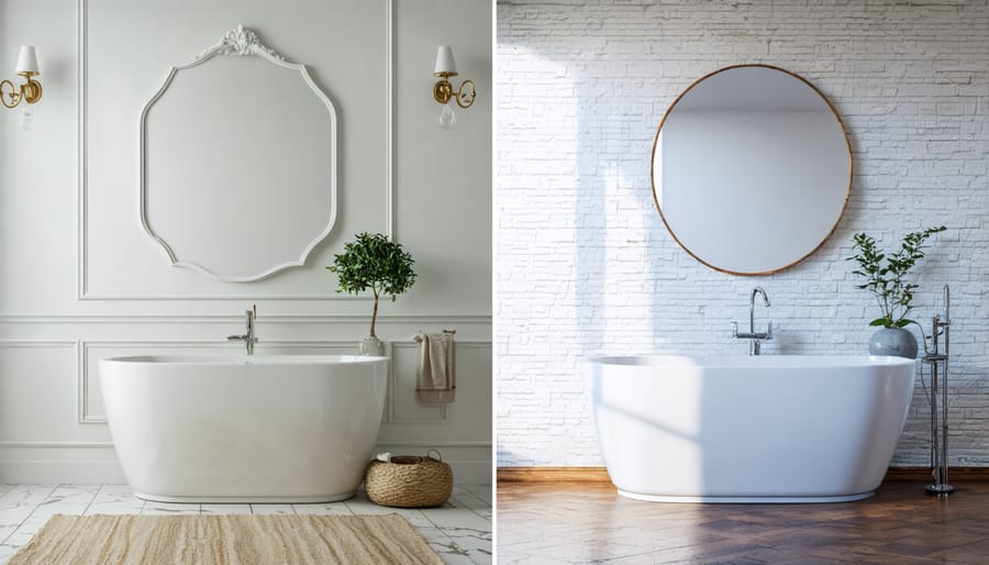 Comparison of two paint techniques in identical small bathroom: full sage green vs single accent wall