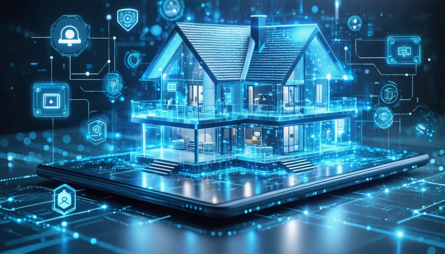 A futuristic smart home enclosed in a digital security grid, showcasing AI-enhanced security devices and flowing holographic lines symbolizing active threat analysis and protection.