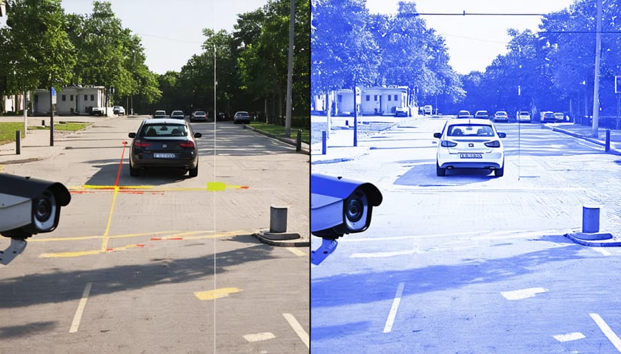 Side-by-side comparison of traditional versus AI-powered security camera feed with threat detection overlay