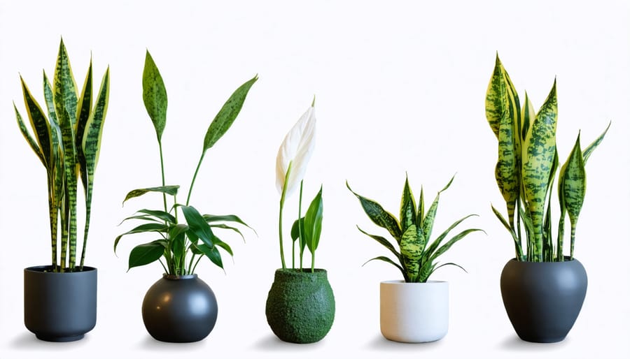 Popular indoor plants known for their air-purifying properties arranged in natural containers