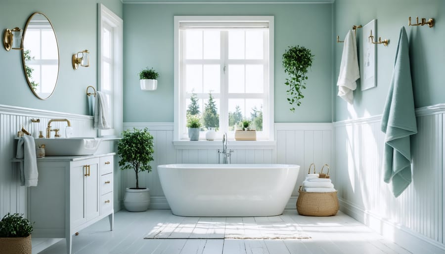 Airy small bathroom with seamless sea glass and white monochromatic color scheme featuring white fixtures reflecting natural light for a spacious feel.