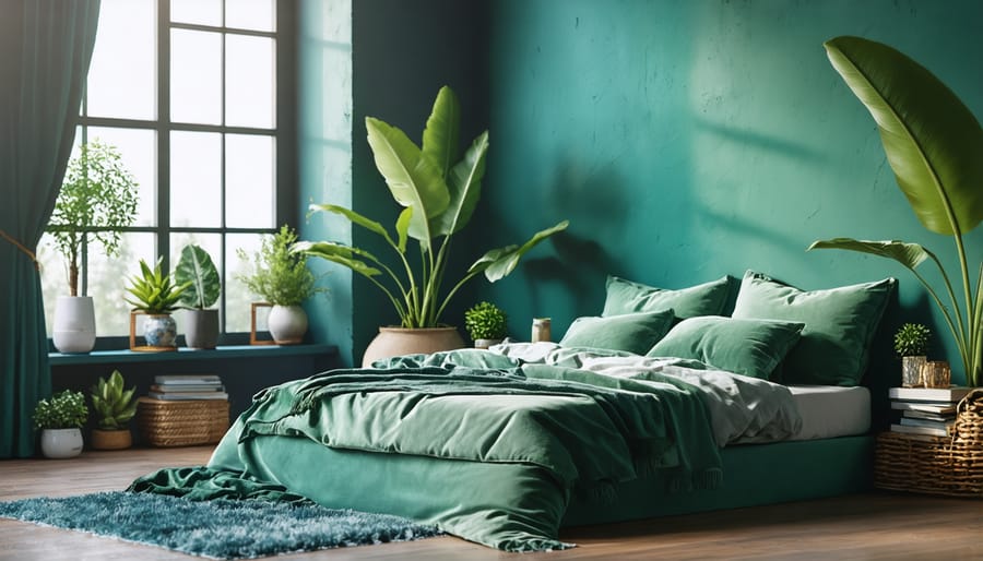 Peaceful bedroom design using analogous colors in green and blue tones