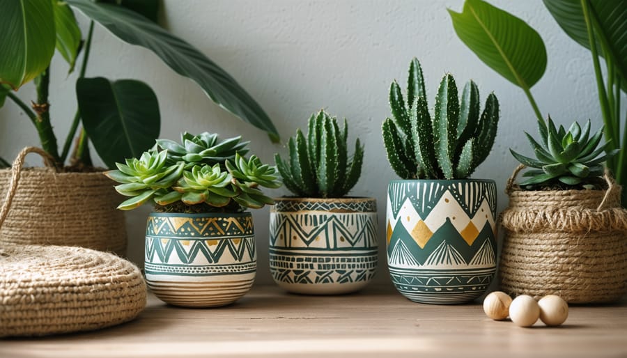 A creatively decorated indoor plant pot featuring a mix of geometric patterns, metallic accents, and natural materials like rope and wood beads against a backdrop of lush green plants.