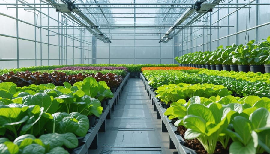 Modern greenhouse with automated climate control and LED growing lights