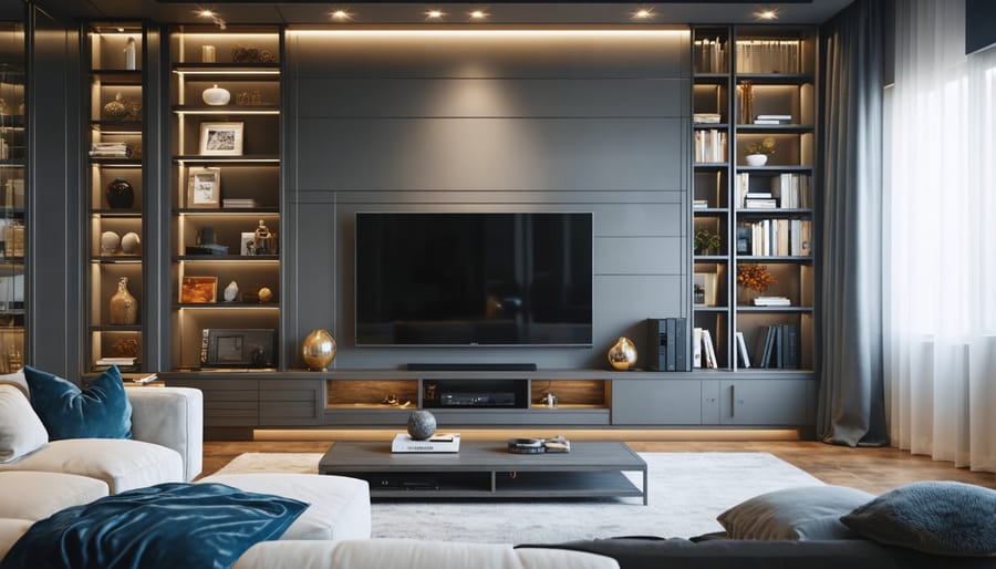 Custom floor-to-ceiling storage solution featuring TV area, shelving, and concealed storage compartments