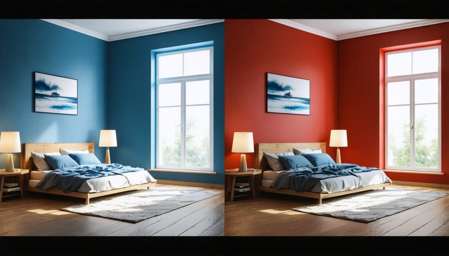 Side-by-side comparison of a bedroom decorated in calming blue versus energizing red tones