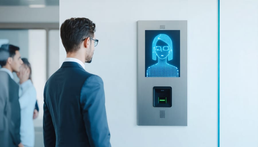 Sleek biometric scanner with facial recognition display integrated into a luxury home entrance