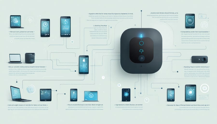 Diagram illustrating how different biometric security devices connect to a central smart home system