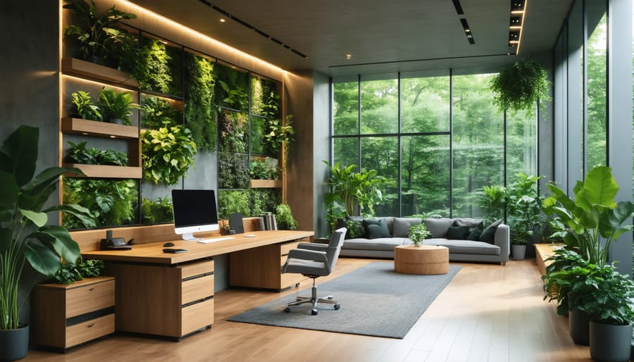 Biophilic home office with vertical garden and natural elements