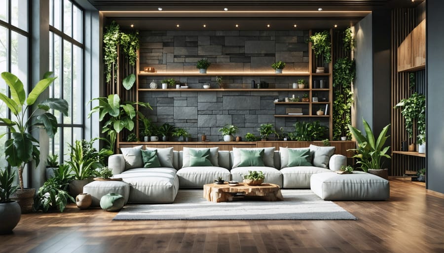 Biophilic living room design with natural light, plants, and organic materials