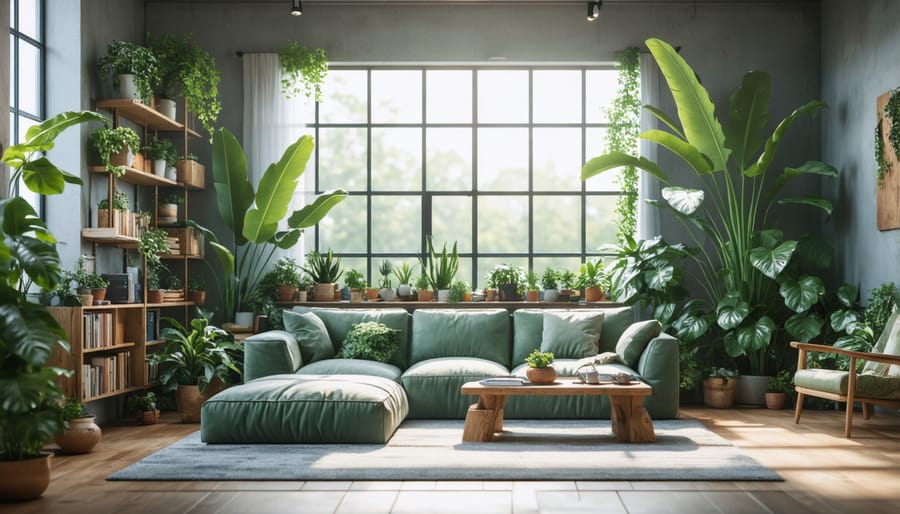 Sunlit living room showcasing biophilic design with natural materials and abundant plants