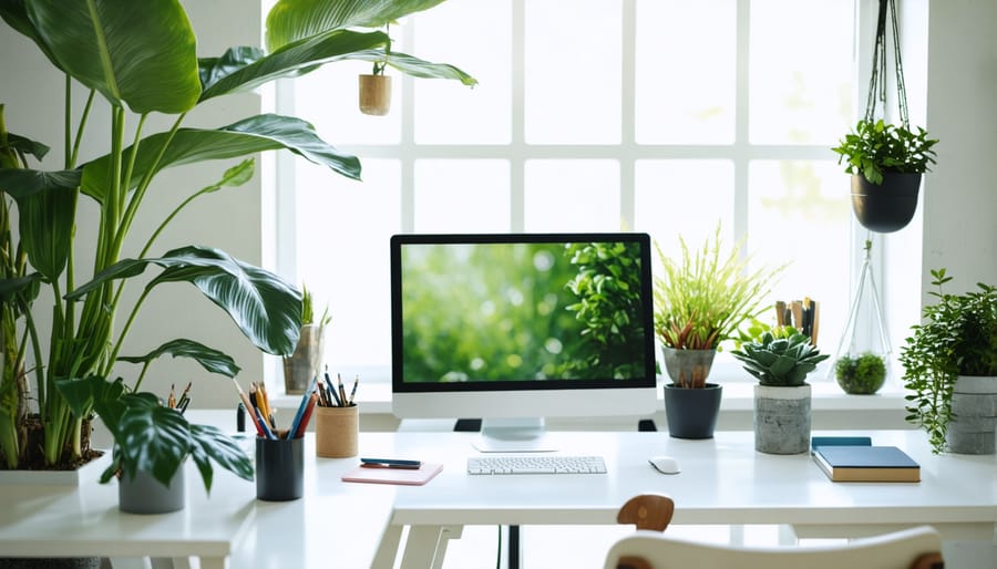 Biophilic office design featuring indoor plants, natural lighting, and peaceful green color palette