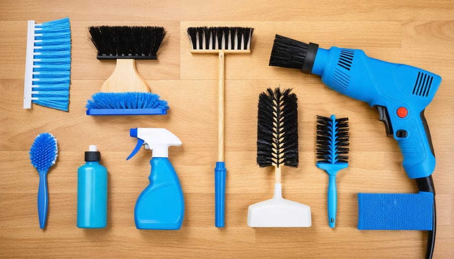 Essential carpet cleaning supplies and tools arranged on wooden surface