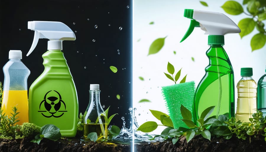 A conceptual split-image displaying traditional chemical cleaning products with hazard symbols against eco-friendly products illustrated with natural green elements and clear skies, representing the contrast between harmful chemicals and sustainable, safe cleaning alternatives.