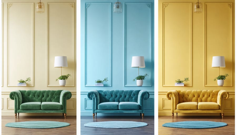 Three interior room designs showing different color combinations: neutral/blue/yellow, gray/green/copper, and white/navy/coral