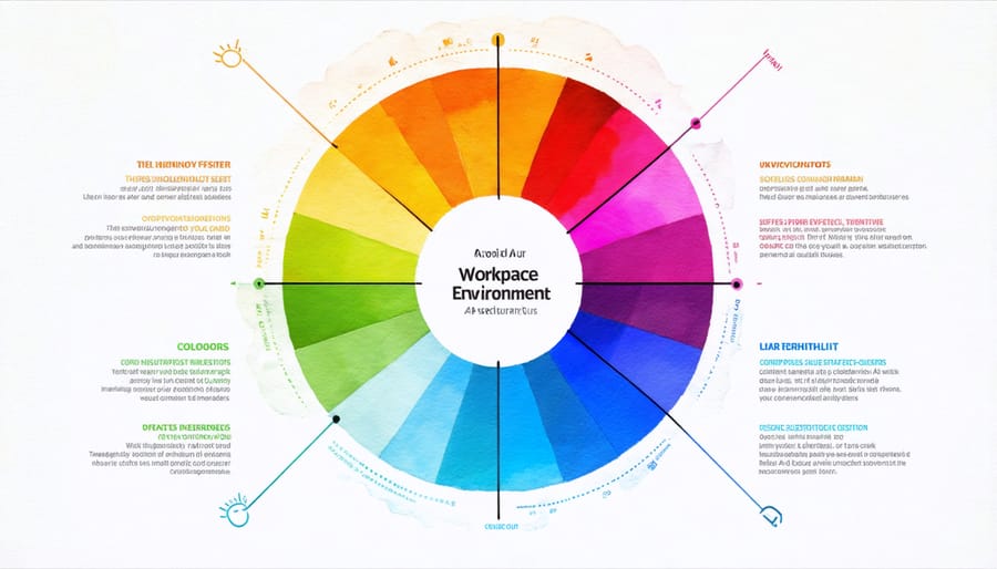 Annotated color wheel displaying how different colors affect mood and productivity in office spaces