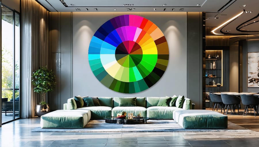 "Interior room featuring a mural of the color wheel and decor reflecting complementary and analogous color schemes, demonstrating professional room design principles."