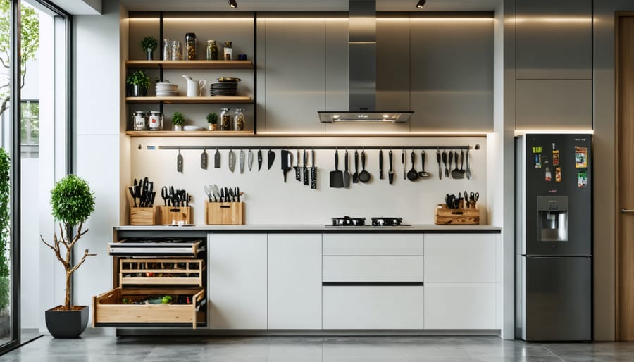 Space-efficient kitchen featuring pull-out storage solutions and wall-mounted magnetic organizers