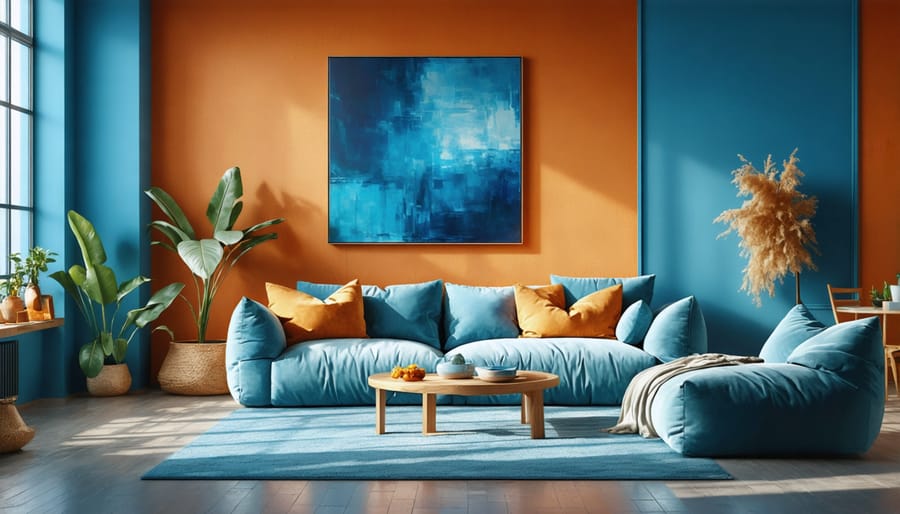 Modern living room design using complementary colors blue and orange in furniture and decor