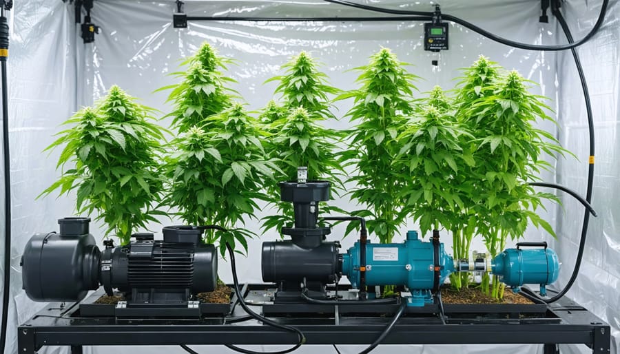 Fully assembled automated watering system with water reservoir, pump, and distribution tubes in a grow tent