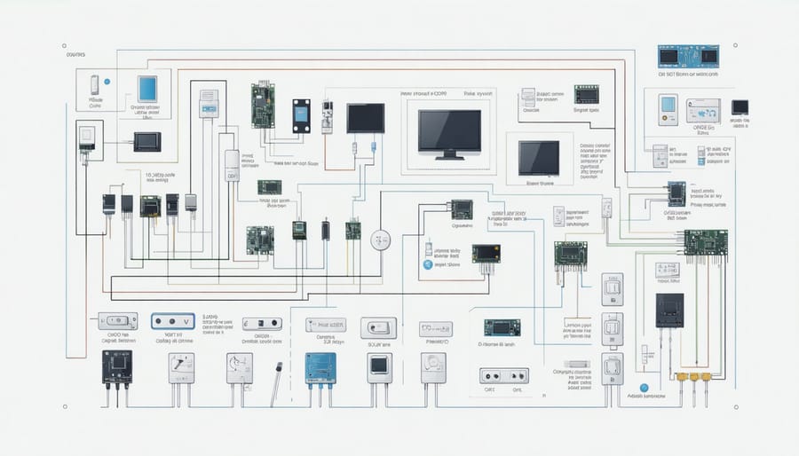 Diagram showing tablet display, mounting frame, power supply, and connectivity components for a smart home control panel