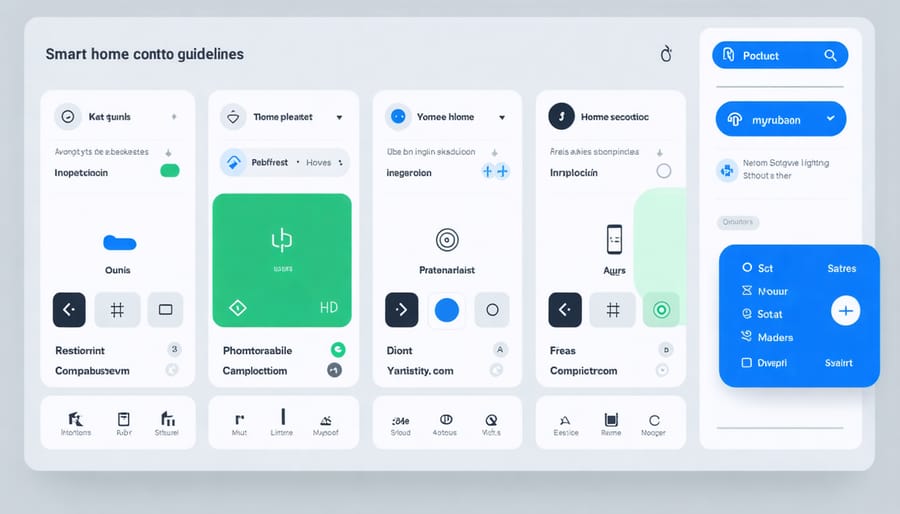 User interface of a smart home control panel displaying lighting, temperature, and security controls