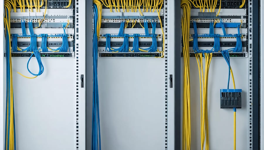 Detailed view of properly connected wires and cables in a smart home control panel assembly