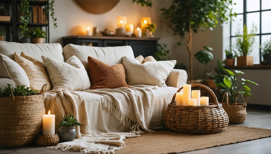 A cozy living room with plush throw blankets and textured pillows, dimmable lamps, woven baskets, natural wood accents, flickering candles, and potted plants creating a warm and inviting atmosphere.