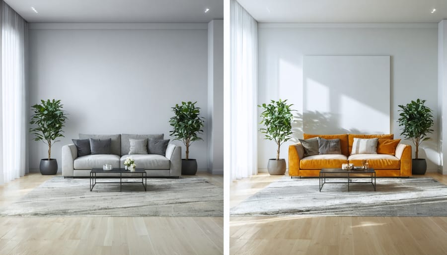 A side-by-side comparison of an empty living room and a digitally staged version with cozy and contemporary furnishings, highlighting the transformative effect of digital home staging in real estate.