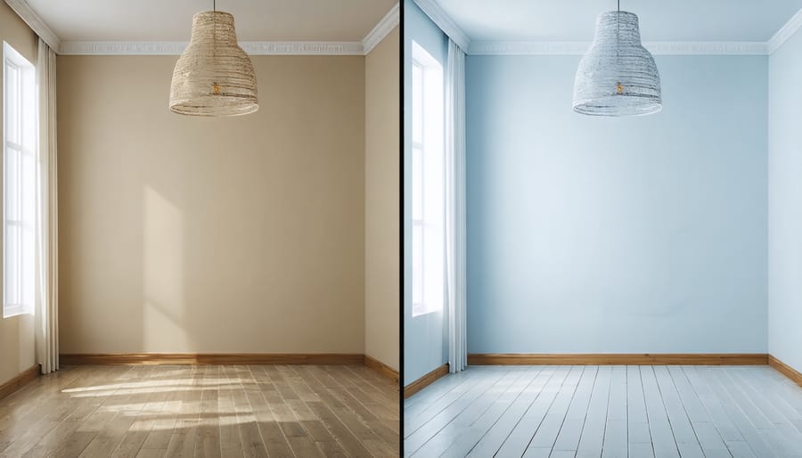 Before and after comparison showing an empty living room transformed through digital staging