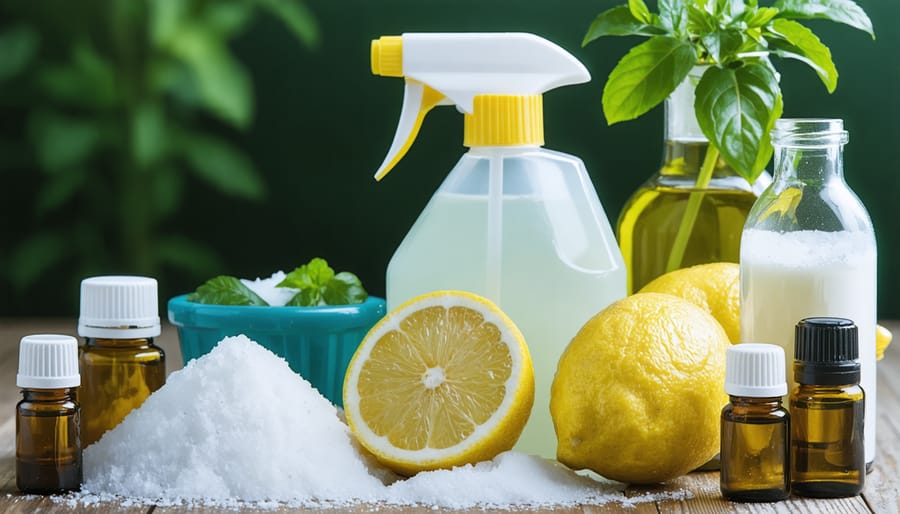 Natural cleaning ingredients from kitchen pantry with essential oil bottles