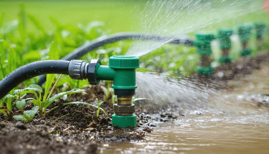 Detailed view of irrigation system components including moisture sensors and water distribution setup